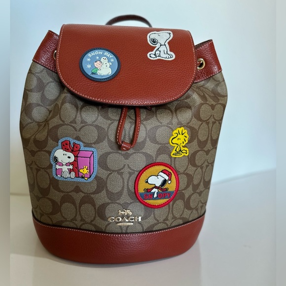 NWT COACH Snoopy PEANUT DEMPSEY Drawstring Backpack Signature Canvas wallet Set - Picture 5 of 14